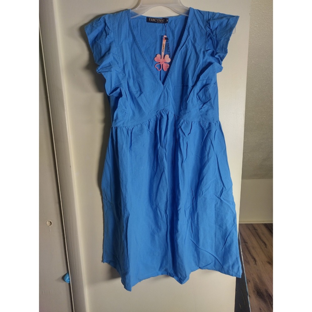 FANCYINN Blue Ruffle Sleeve V-Neck Mini Dress with Pockets Size M NWT